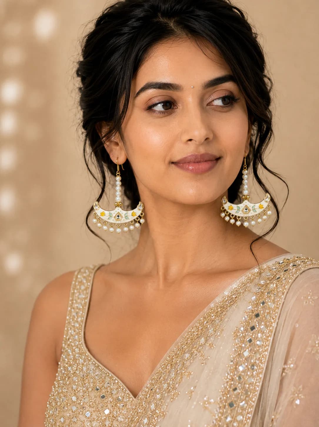 Gold-Plated Meenakari Chandbali Pearl Drop Earrings