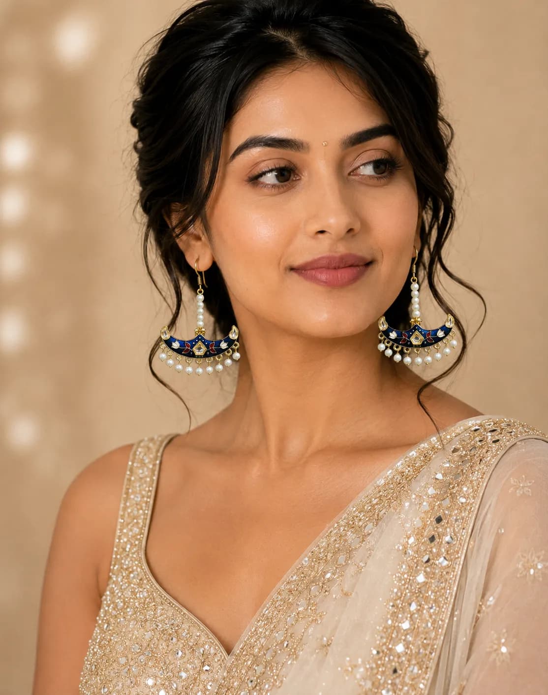 Gold-Plated Meenakari Chandbali Pearl Drop Earrings