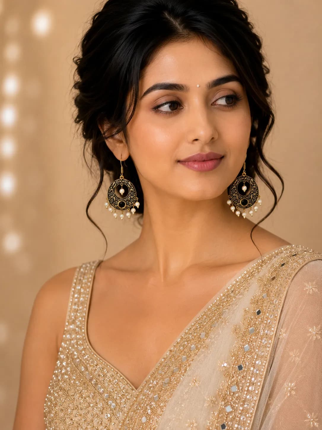 Gold-Plated Antique Filigree Chandbali Pearl Drop Earrings