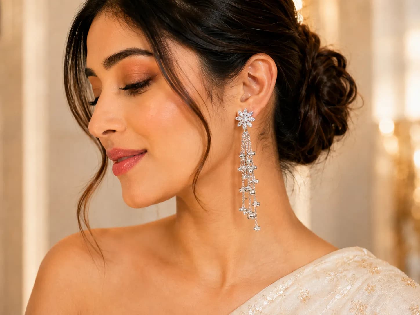 Floral Crystal Tassel Drop Earrings