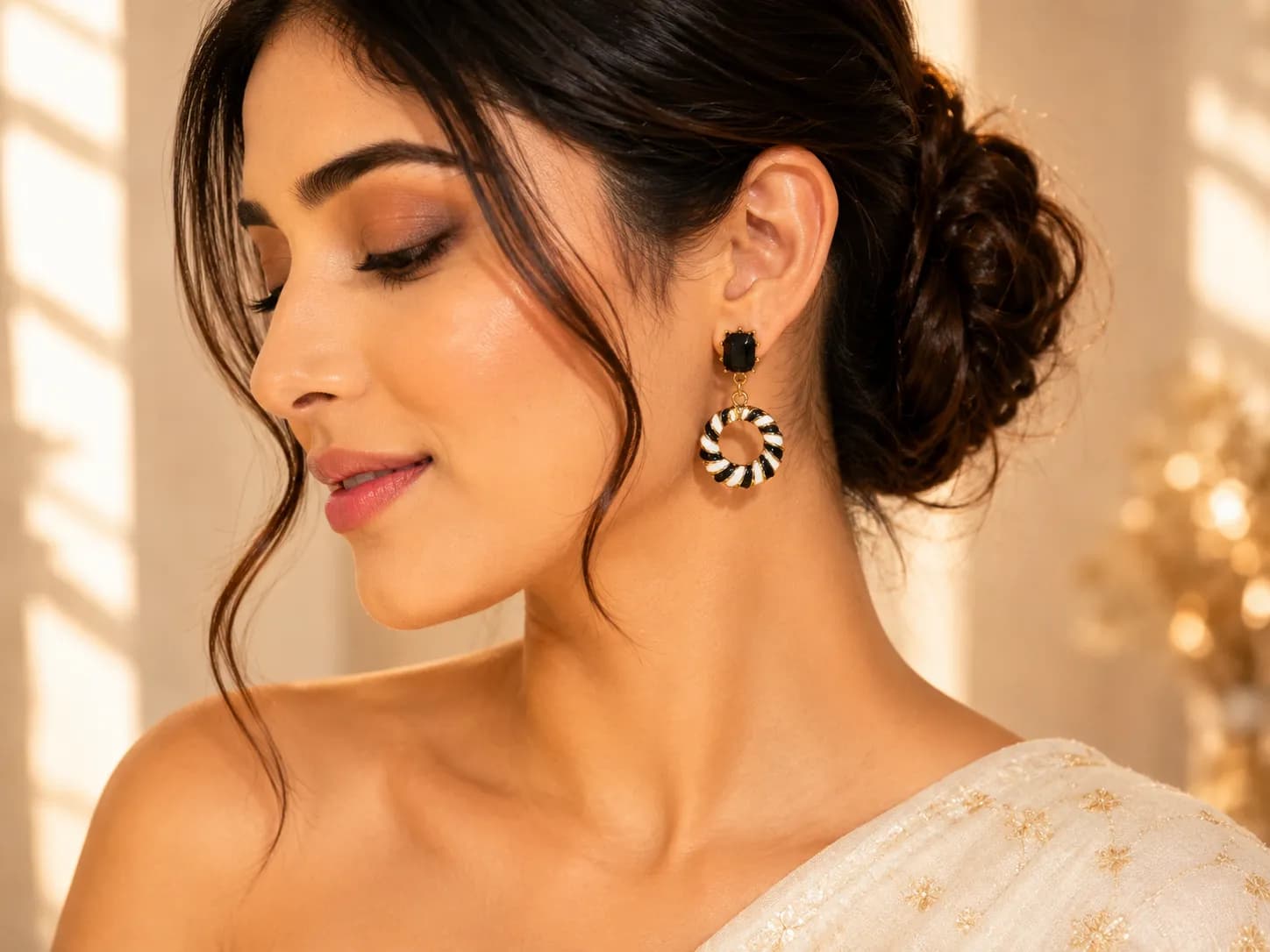Gold Plated Black & White Enamel Hoop Drop Earrings for Women