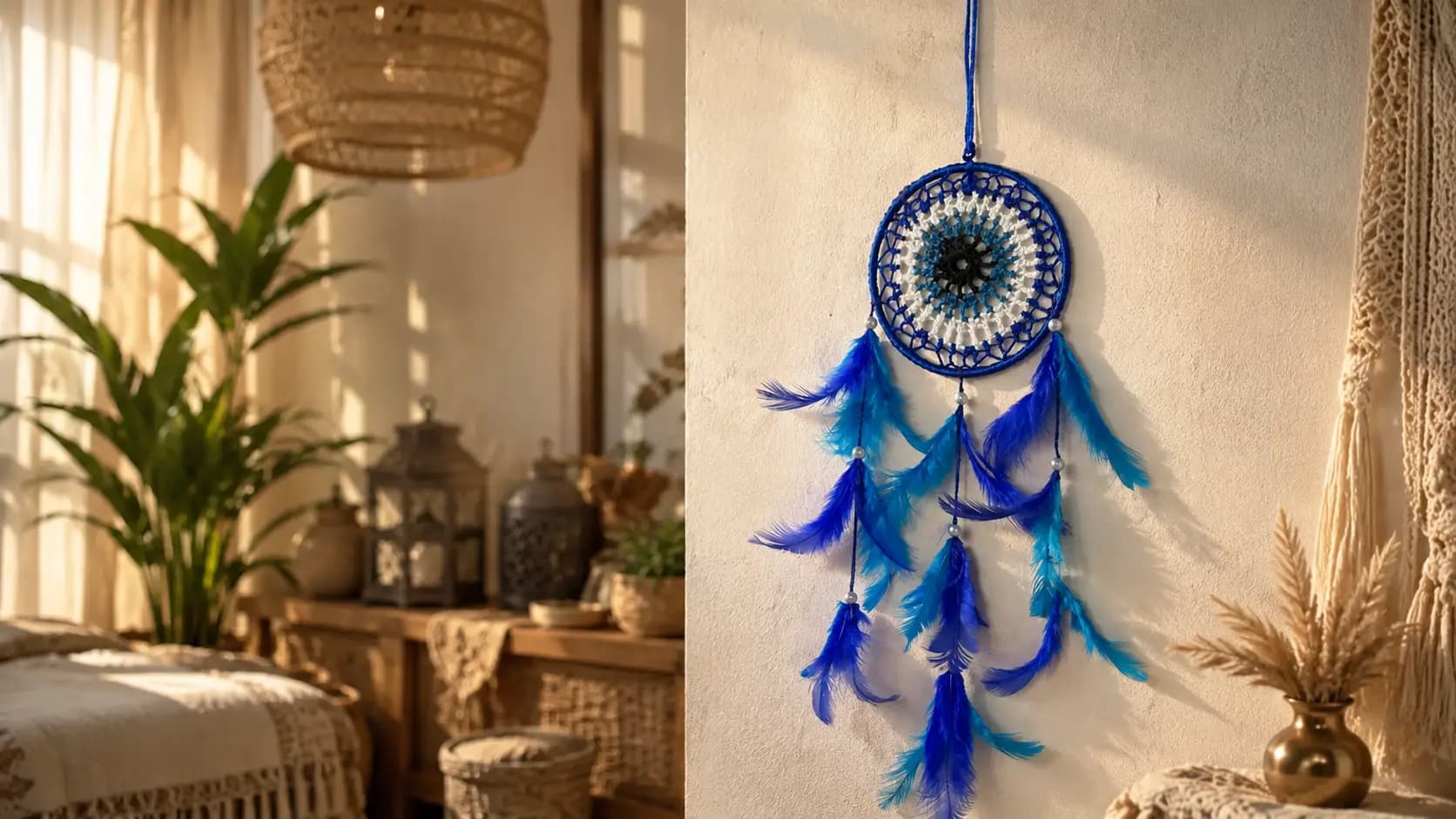 Blue Evil Eye Feather Dreamcatcher – Boho Wall Hanging