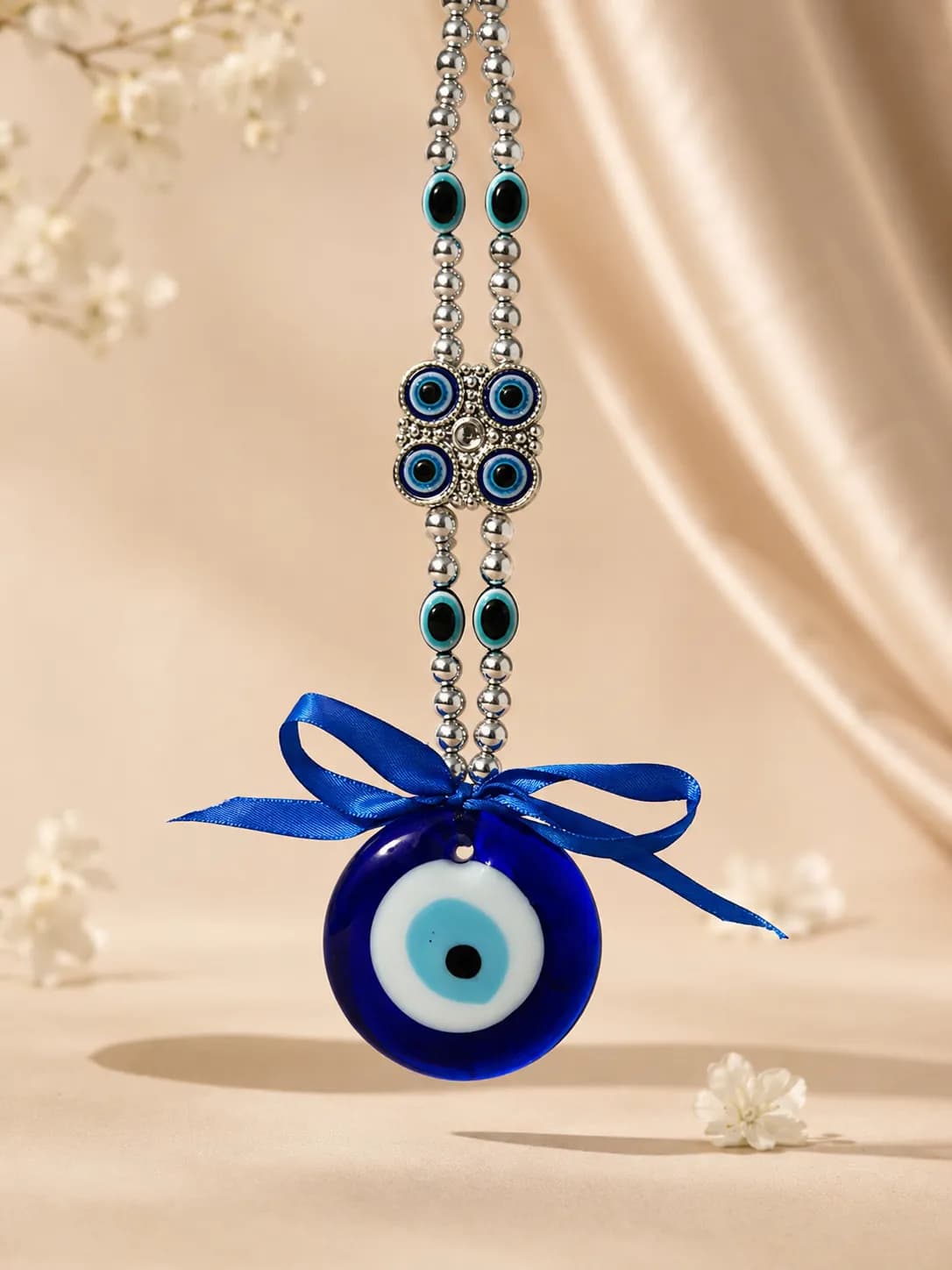 Blue Evil Eye Nazar Wall Hanging with Beaded Chain & Bow