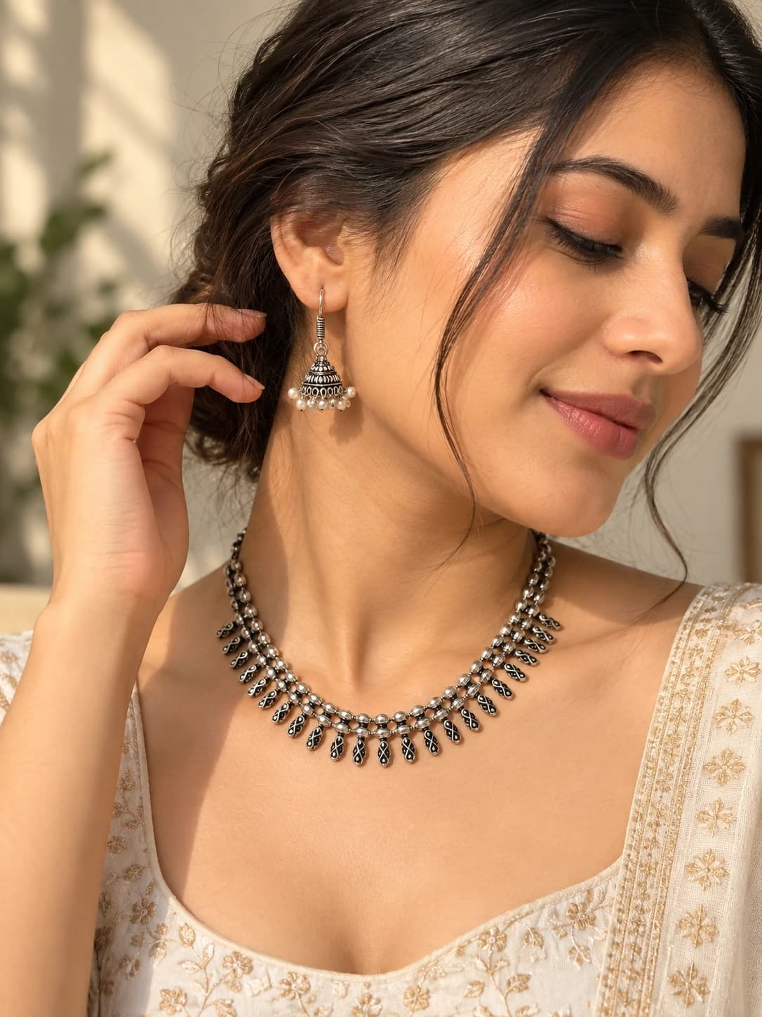 Oxidised Silver Finish Beaded Choker Necklace Set with Jhumka Earrings