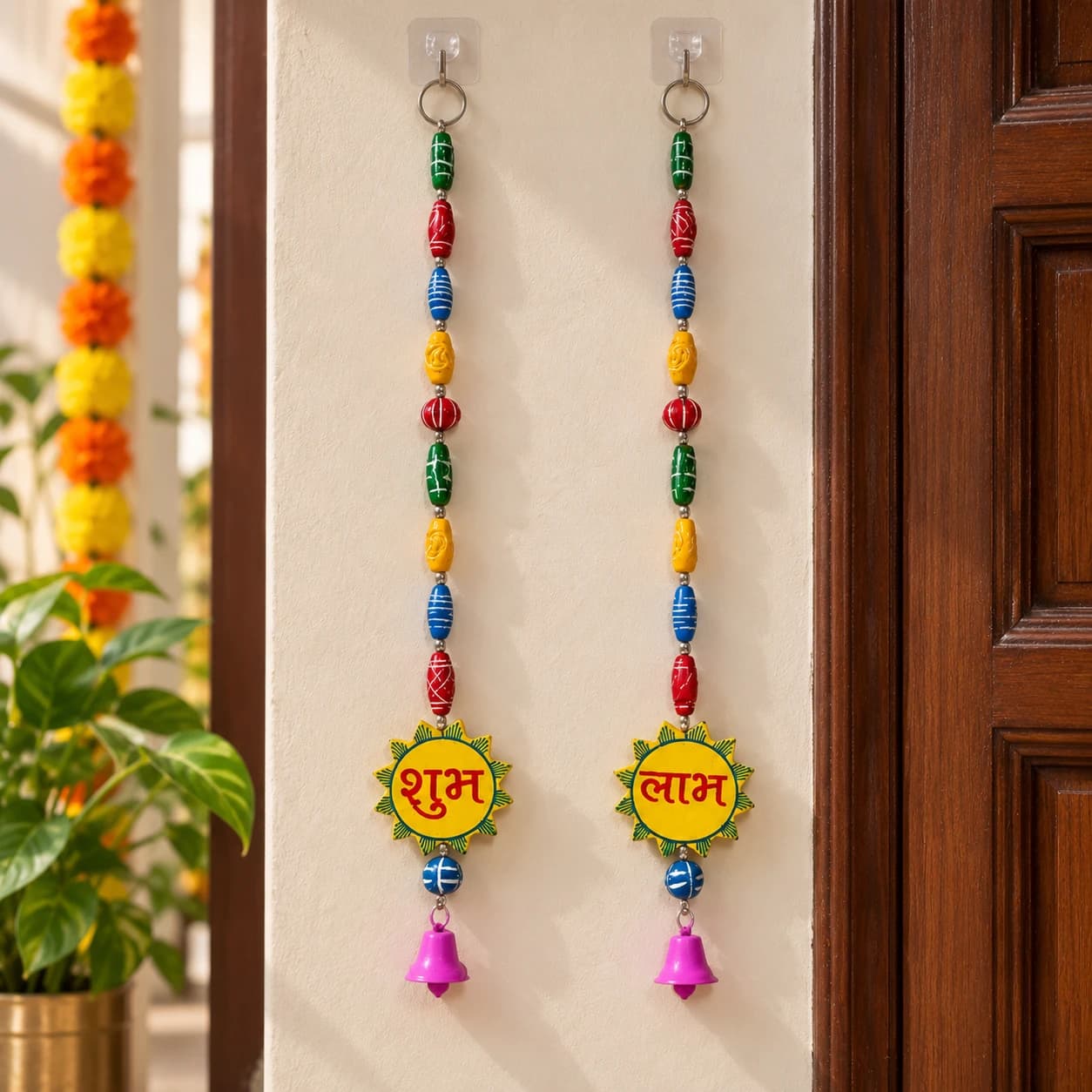 Traditional Shubh Labh Hanging Toran with Decorative Beads & Bells (Set of 2)