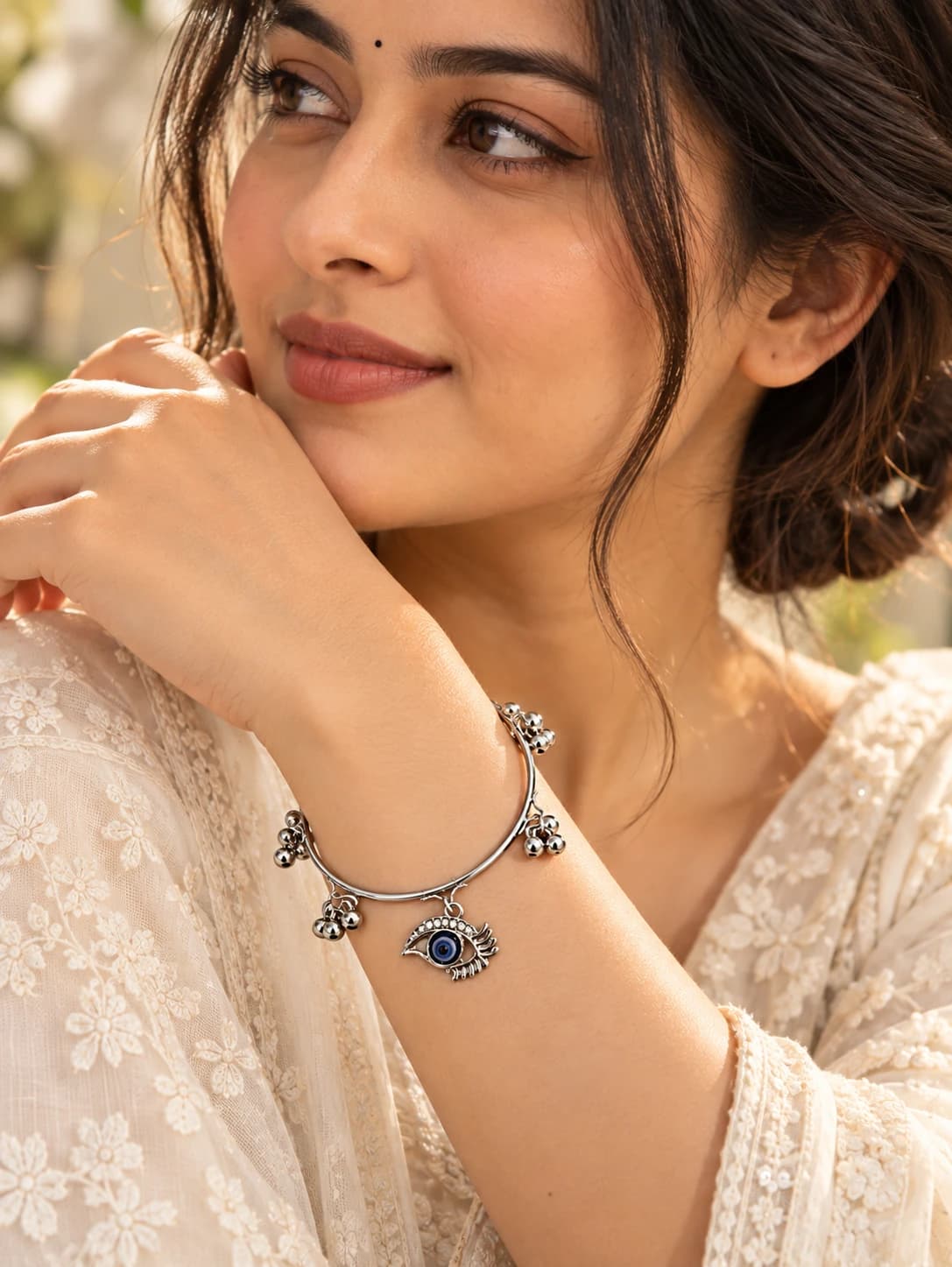 Premium Silver-Tone Evil Eye Bracelet with Intricate Bead Details | Elegant Open-Circle Kada for Women